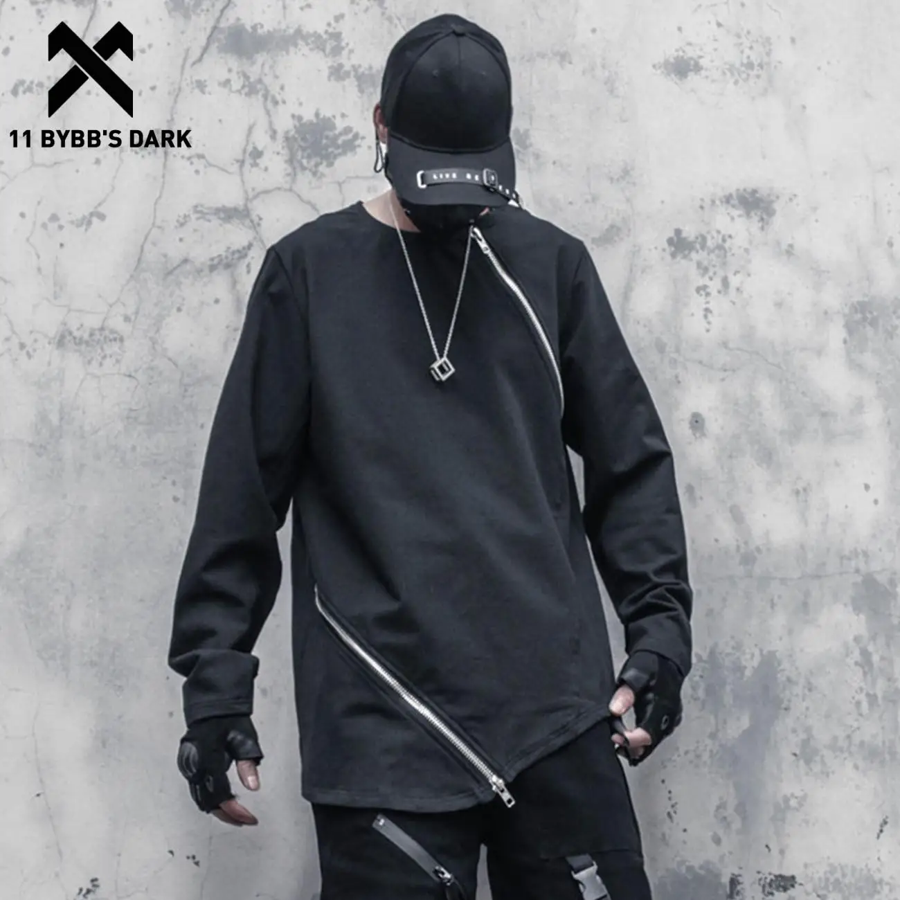 

11 BYBB'S DARK Hip Hop Streetwear Asymmetric Zipper Crewneck Pullover Sweatshirt Mens Clothing Harajuku Cotton Long Sleeve Tops