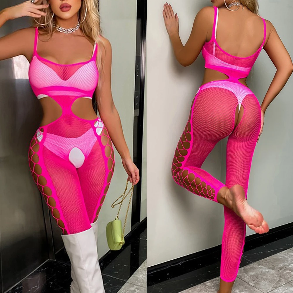 Women Sexy Fishnet Junpsuit Open Crotch Hollow Out Lingerie See-through Mesh Bodycon Bodysuit Strap Solid Erotic Nightwear
