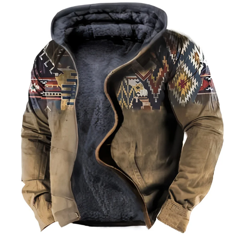 

2023 Vintage Autumn Winter Men Zip Up Hoodies Long Sleeve Fleece Hood Jackets Tribal Graphics Print Casual Outerwear Sweatshirts