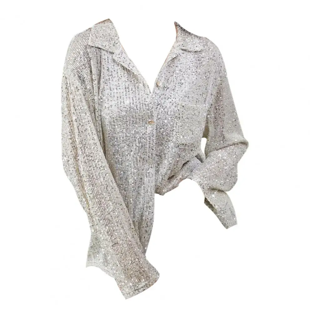 

New Year Eve Blouse Sequin Lapel Cardigan for Women Shiny Performance Club Party Top Soft Loose Solid Color Shirt for Her