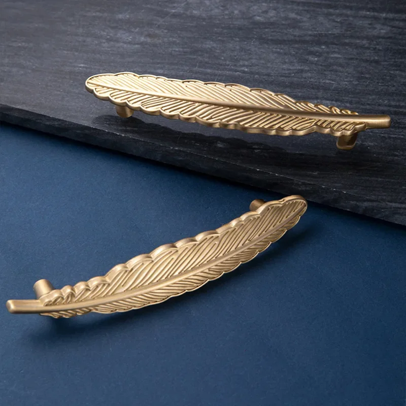 Brass Creative Feather Shape Furniture Handles Gold Cabinet and Drawer Handles Dresser Door Knobs Pulls Furniture Hardware