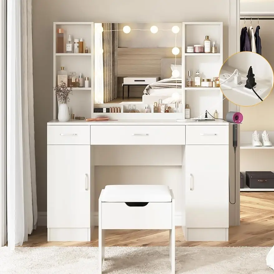 

Vabches Makeup Vanity Table with Lighted Mirror & Power Strip, Large Vanity Set Vanity Desk with Lots Storage,