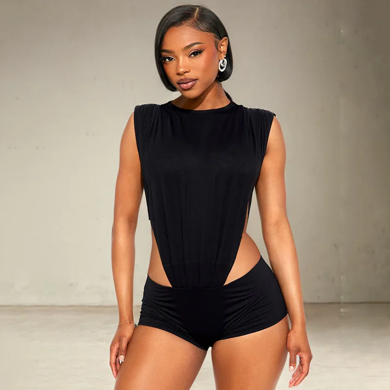 Women Black Sexy 2 Piece Set Side Hollow Out O-neck Ruched Sleeveless Bodysuits Tops + Skinny Shorts