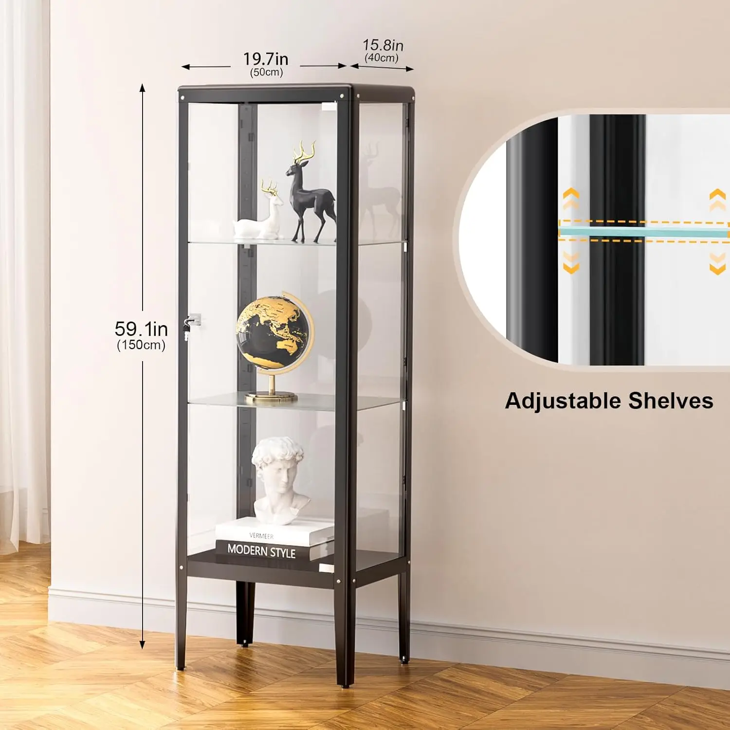 Glass Display Cabinet with LED Light, Adjustable 3-Shelf Shelves, Curio Cabinets Metal Storage Display Case