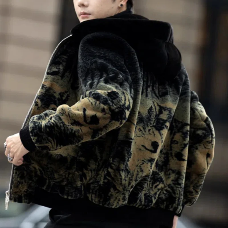 Autumn Winter New Fashion Long Sleeve Hoodies Leopard Lamb Wool Trench Men's Clothing Korean Zipper Warm All-match Trend Tops