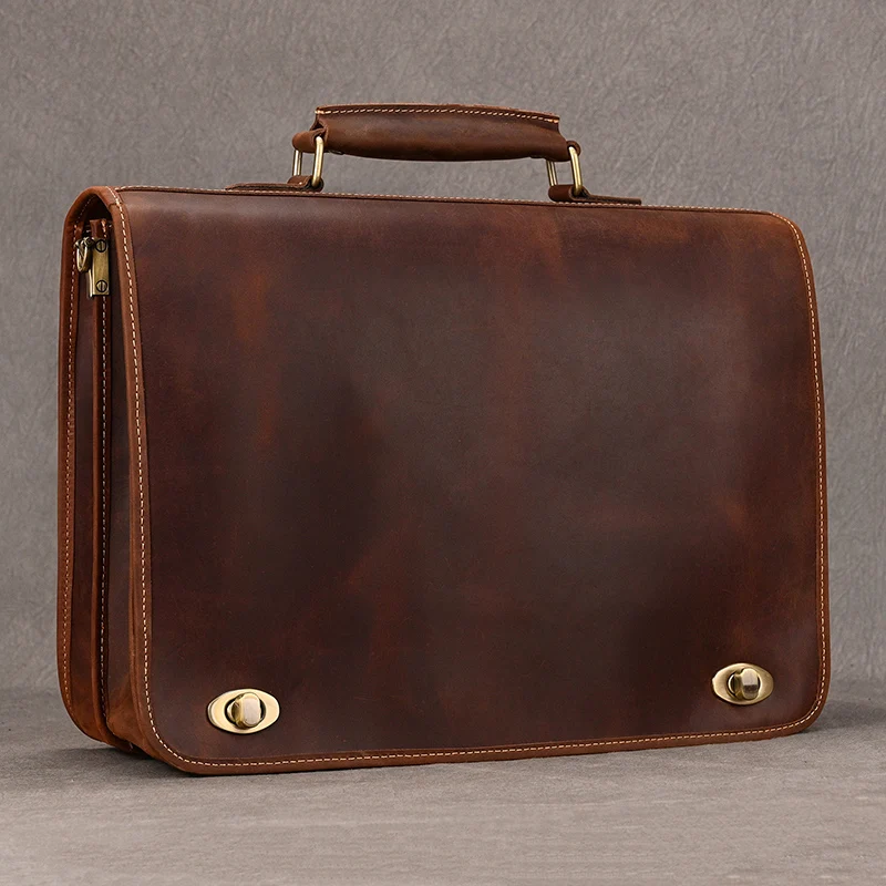 Top Grade Thick Genuine Leather Men Briefcase 15" Laptop Cow Leather Business Bag Tote Man Briefcase With Shoulder Strap 3