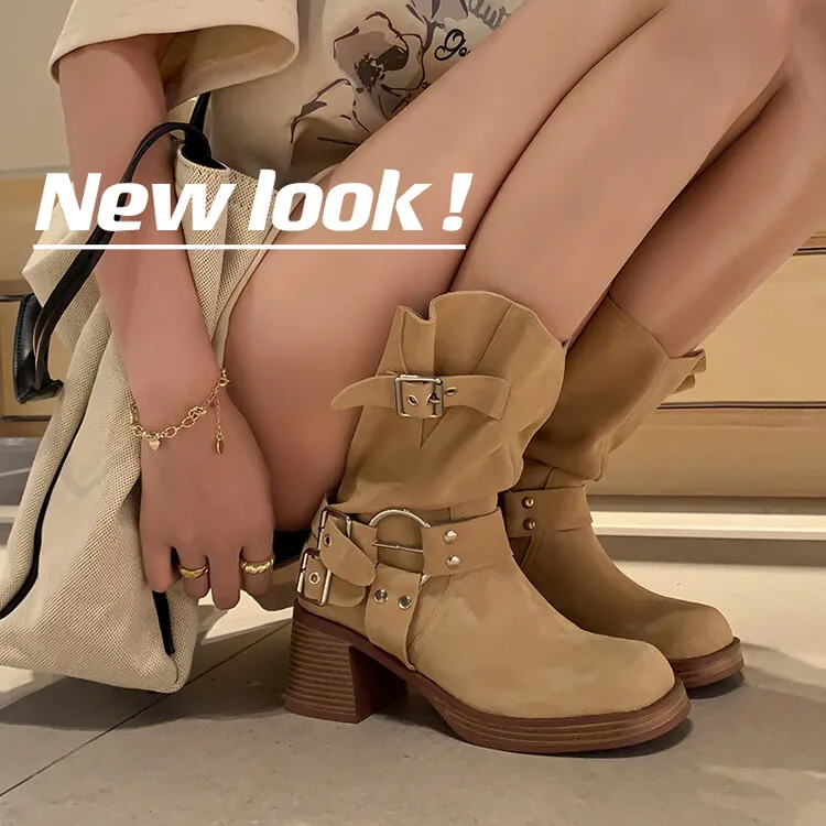 

Apricot Autumn Women Western Boots Khaki Platform Casual Riding Botas Buckle Strap Black Square High Heels Lady Botines Femmes