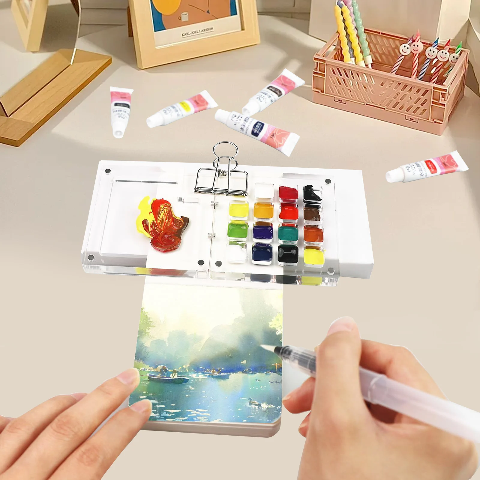 Mini Portable Watercolor Palette Set Watercolor Sketch Book With Binder Clip Brush Acrylic Grid Paint Box