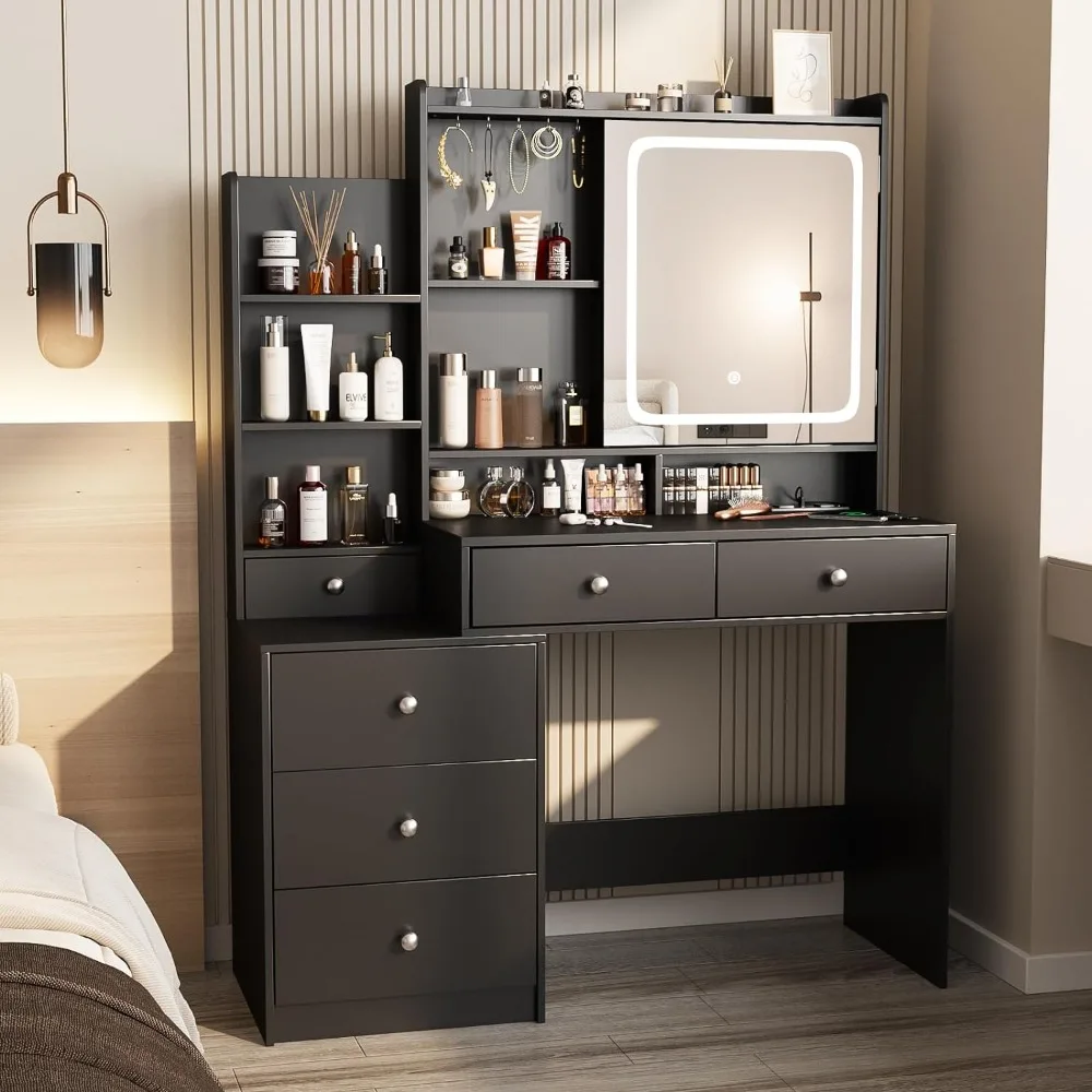 Vanity Desk with Mirror and Lights,Makeup Vanity with 6 Drawers and Shelves,Vanity Table Power Outlet,Makeup Desk