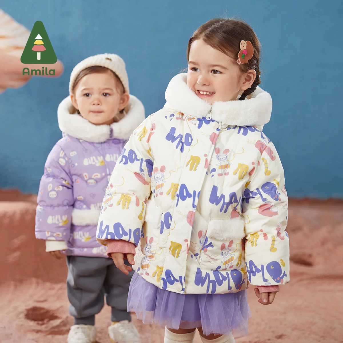 Amila Babies Coat Winter Girls Children Graffiti Casual Hooded Fur Collar Down Jacket Baby Boys Warm Fashion with Pockets Clothe