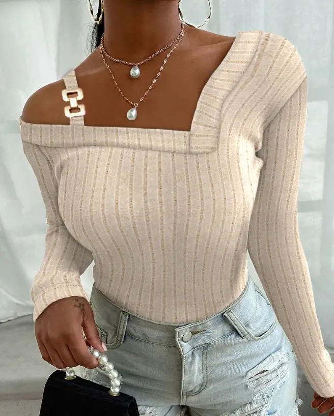 

Fashion Woman Blouse 2023 Spring Cold Shoulder Buckled Ribbed Casual Plain Long Sleeve Skinny Daily Basic Tee Top Y2K Clothes