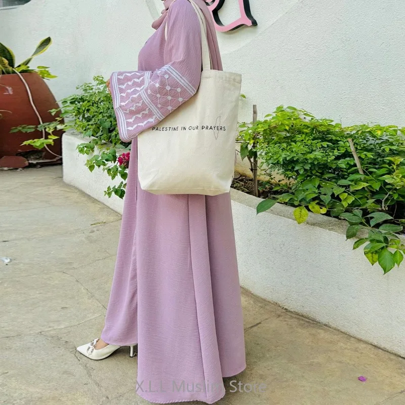 Dubai Islamic Eid Ramadan Modest Abayas White Black Pink Butterfly Embroidery Linen Dress For Women Robe Clothing Musulmane