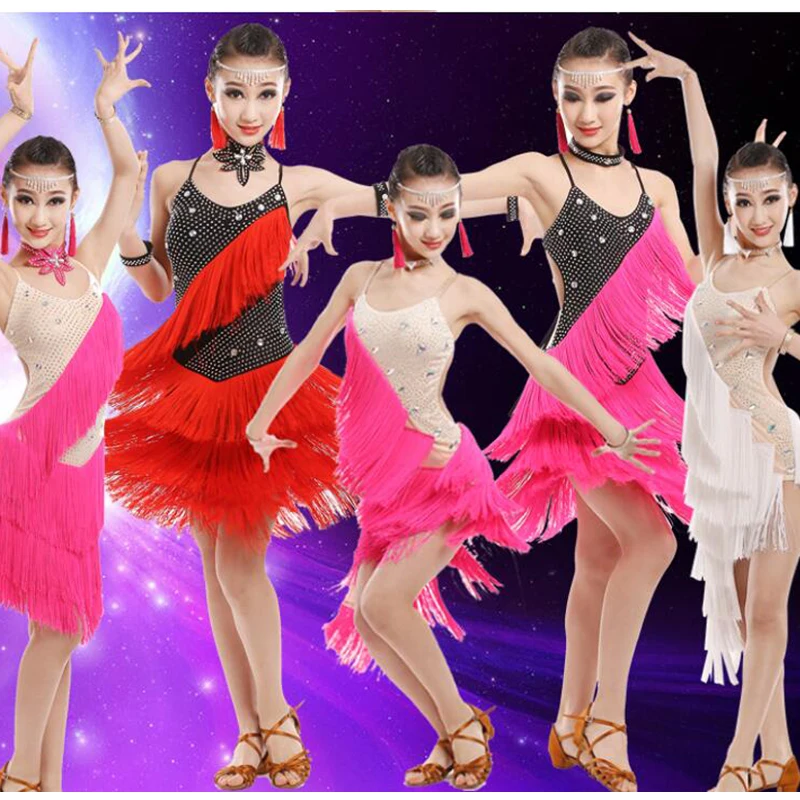 

Teenage Girls Tassels Rhinestone Ballroom Dance Clothing Latin Dress Kids Salsa Competitions Costumes Girls Figure Skating Dress