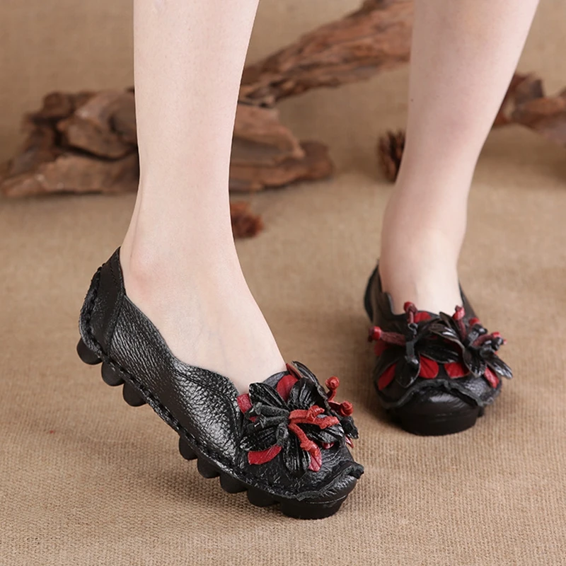 High Quality Spring National Style Genuine Leather Handmade Flower Women's Shoes Lady Soft Bottom Casual Flat Shoes Free Shippin