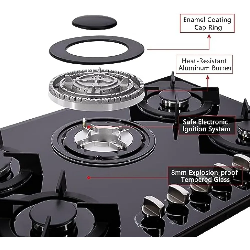 Gas Cooktop 30 Inch, Built-in Tempered Glass Gas Stovetop 5 High Efficiency Burners Stove Top Propane