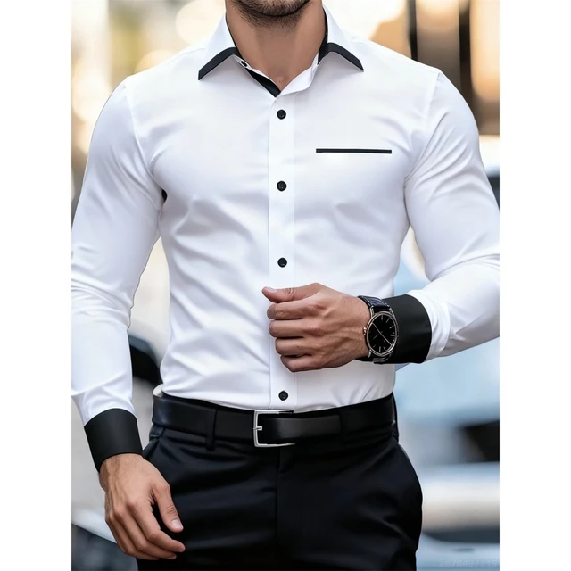 Chemises pour hommes, chemises décontractées à manches longues pour hommes, chemise à double boutonnage style anglais, chemise à revers, vêtements pour hommes, hauts de mode pour hommes 1