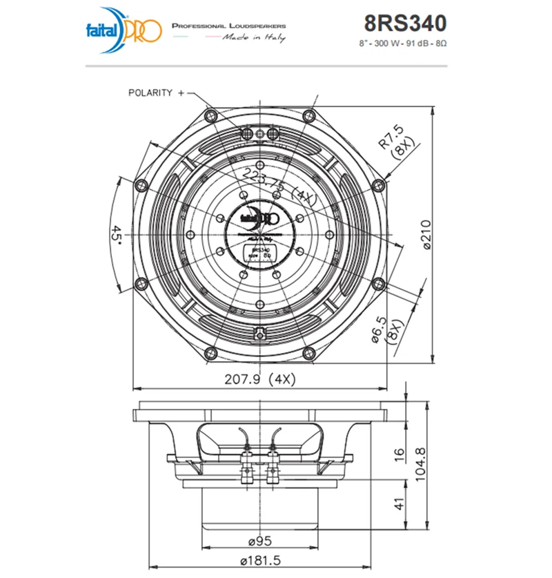 Faital Speakers Original Italiy 8RS340 8"-300W- 91dB 8 Inch Woofer Unit Voice Coil 65mm Neodymium Magnetic Components 8&Omega; (1PCS)