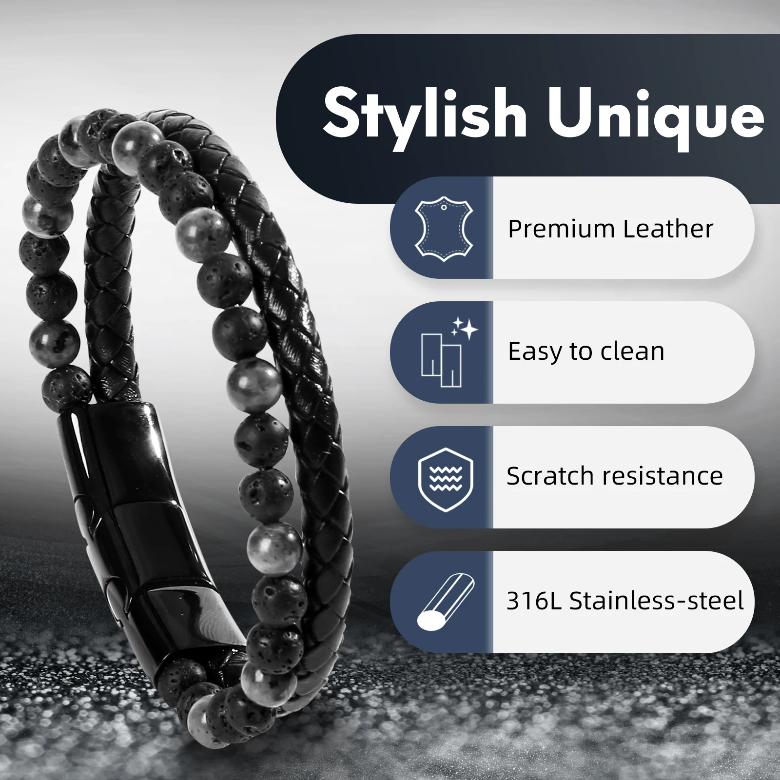 Mens Natural Lava bracelets ，Beads Bangles with Stainless Steel Clasp for men 2023 Gift