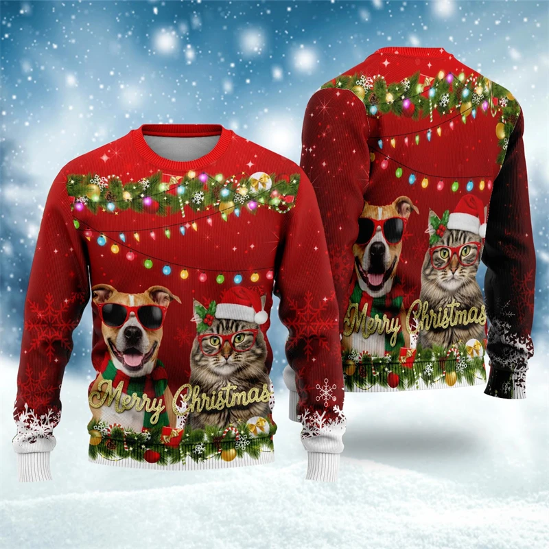 가을 신상 고양이 그래픽 크리스마스 스웨트셔츠 남녀 공용 귀여운 고양이 3D 프린트 어글리 스웨터 캐주얼 오버사이즈 유니섹스 풀오버 탑
