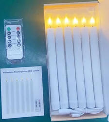 USB Rechargeable Flameless LED Taper Candles with Remote and Timer - Flickering Dripping Wax Effect (Set of 6pcs)