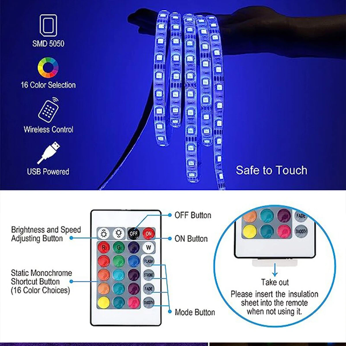 색상 변경 5050 RGB LED 유연한 USB 스트립 조명, 어린이 게임방 홈 파티 TV 백라이트, 24 키, 5M