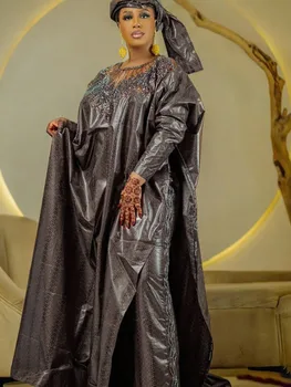 Bazin Riche Per Abiti Lunghi Africani Delle Donne Del Partito di Cerimonia Nuziale Con Paillettes Collo Ankara Dashiki Robe Con Sciarpa Boubou Abbigliamento Abito Lungo 1