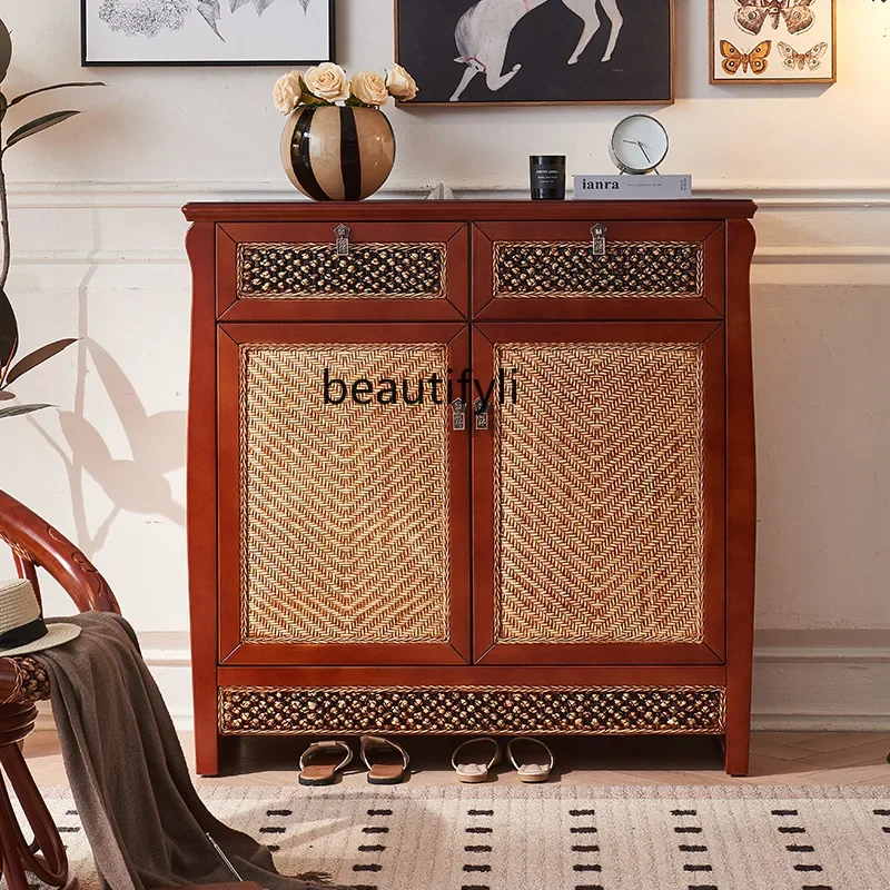 

Classical Solid Wood Shoe Cabinet Southeast Asia Retro Living Room Rattan Hallway Locker Country Home Entrance Sideboard Cabinet