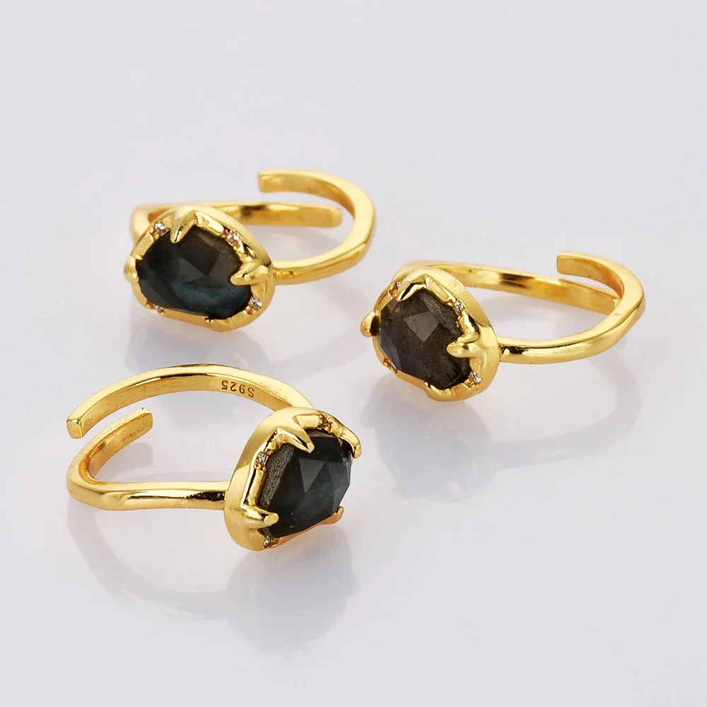 BOROSA 5Pcs Natural Glitter Stone Open Ring Golden Color Labradorite Adjustable Finger Ring For Women Energy Jewelry Accessories 6
