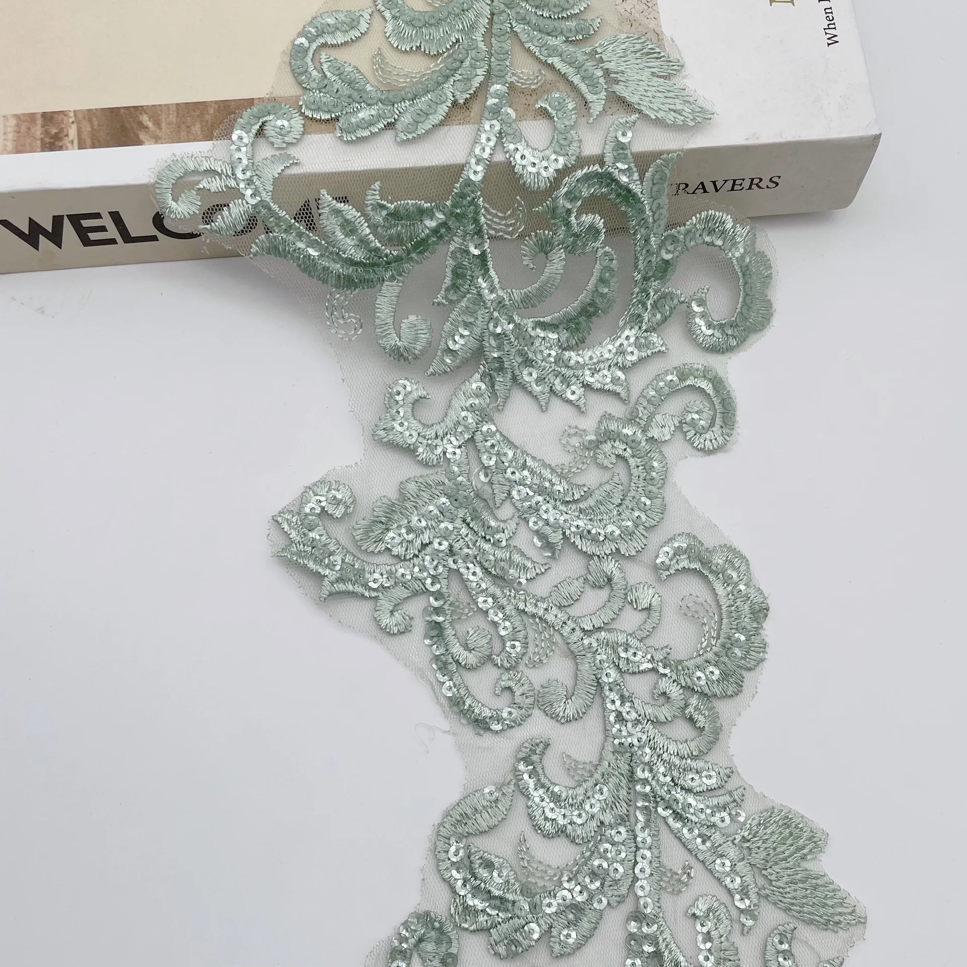 Delicate 1Yard Ivory Green Sequin Cording Fabric Flower Venise Venice