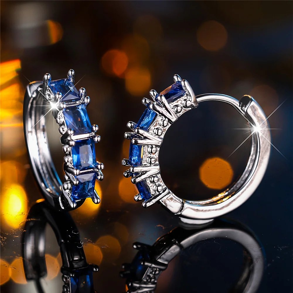 Crystal Blue Green Rainbow Zircon Stone Square Hoop Earrings For Women Fashion Female Silver Color Wedding Jewelry