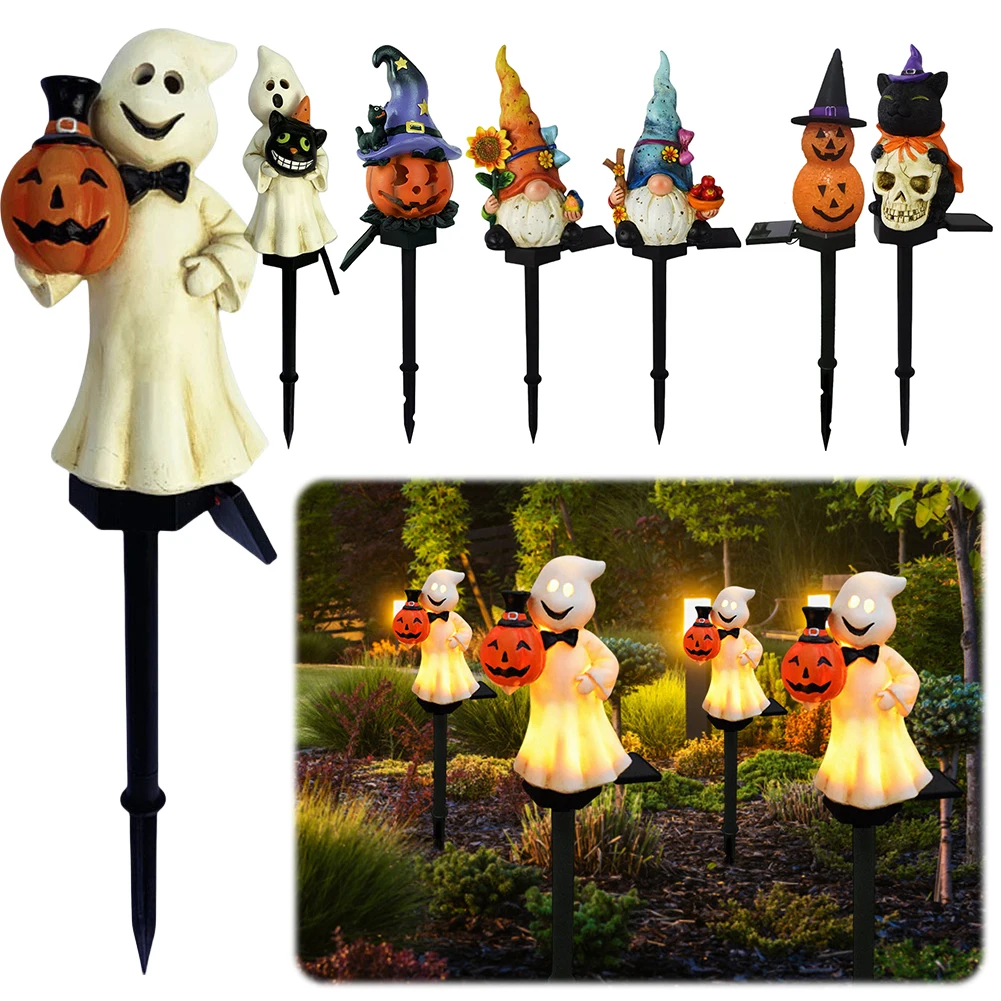 Halloween Ghost Lights Outdoor Pumpkin Lamp with Stakes Solar Ghost Pathway Light for Halloween Lawn Walkway Lighting Decoration