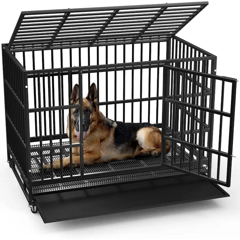 

LEMBERI 48/38 inch Heavy Duty Indestructible Dog Crate, Escape Proof Dog Cage Kennel with Lockable Wheels