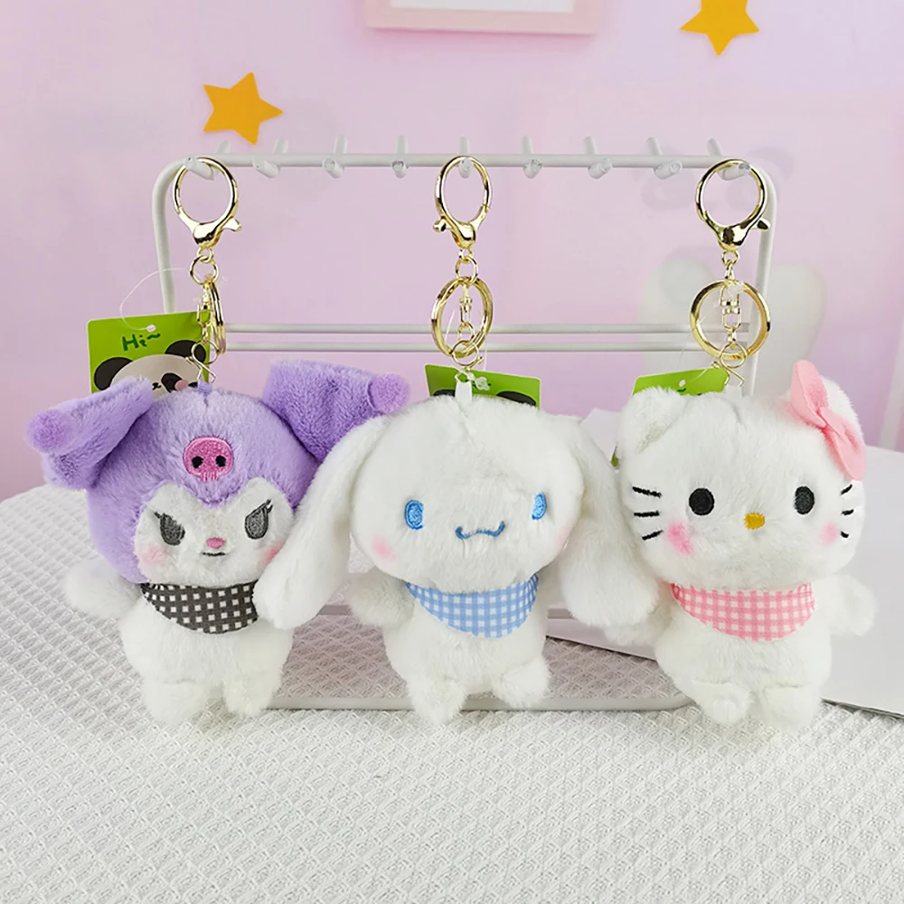 Sanrio Hello Kt Kuromi Melody Cinnamoroll 12Cm Key Chain Kawaii Plush Doll Bag Pendant High Quality Gifts for Boys Girl Children 12cm kawaii sanrio hello kitty plush walletins universal hand strap earphone bag zipper pouch girl cat bag for apple 12 pro case