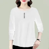 2023 Autumn Women Clothes Retro Simple Casual Button Loose Basic T Shirt Female Solid Color Round Neck Long Sleeve Pullover Tops 4