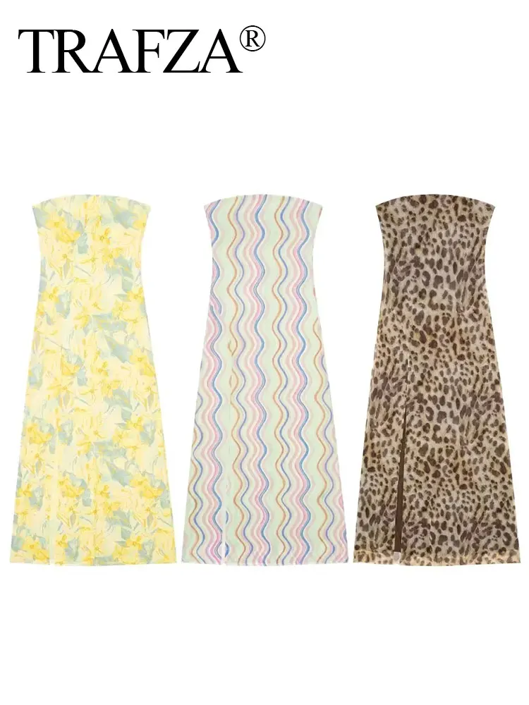 HH Women Fashion Strapless Dress Summer Floral Print Tulle Midi Dresses For Women Chic Ladies Sexy Slim Leopard Dress