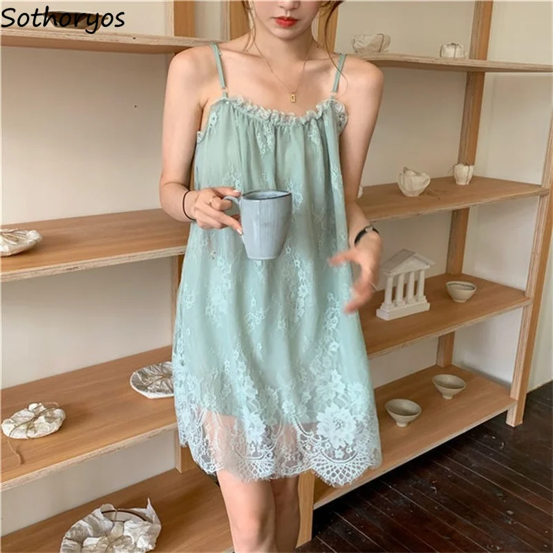 

Nightgowns Women Sexy Sleepshirts Lace Spaghetti Strap Backless Casual Breathable Simple All-match Sleepwear Trendy Ins Cozy New