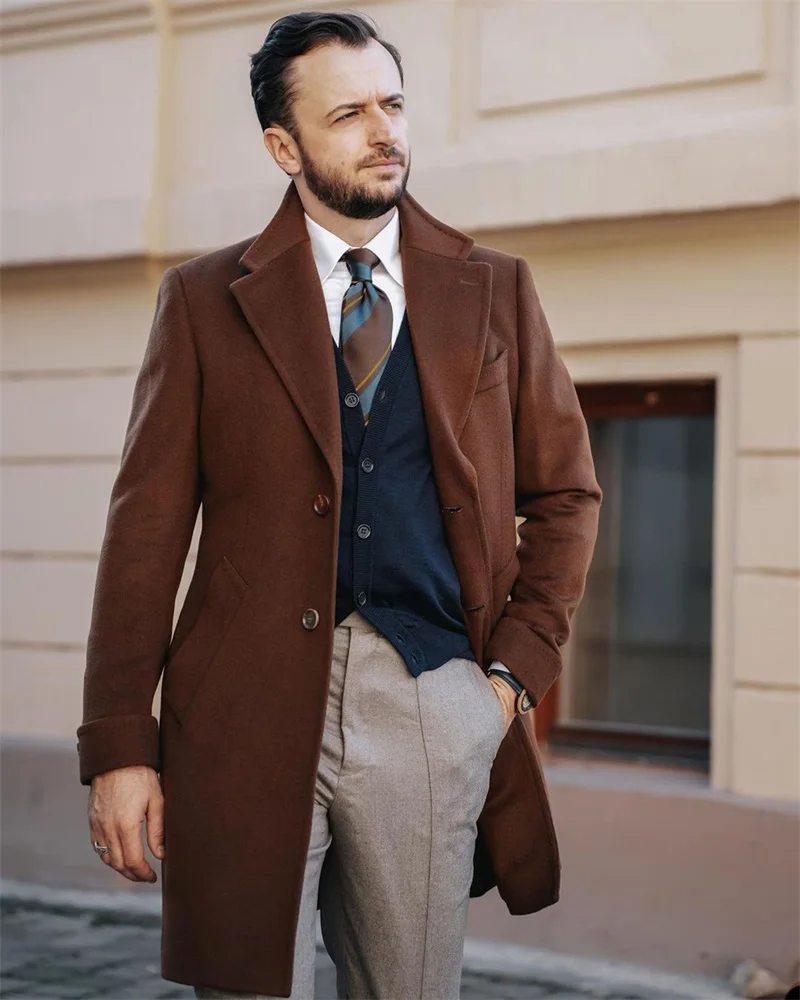 

Brown Formal Men Suit Blazer Long Overcoat Jacket Thick Woolen Fashion King Coat Winter Custom Made Business Office Outfit