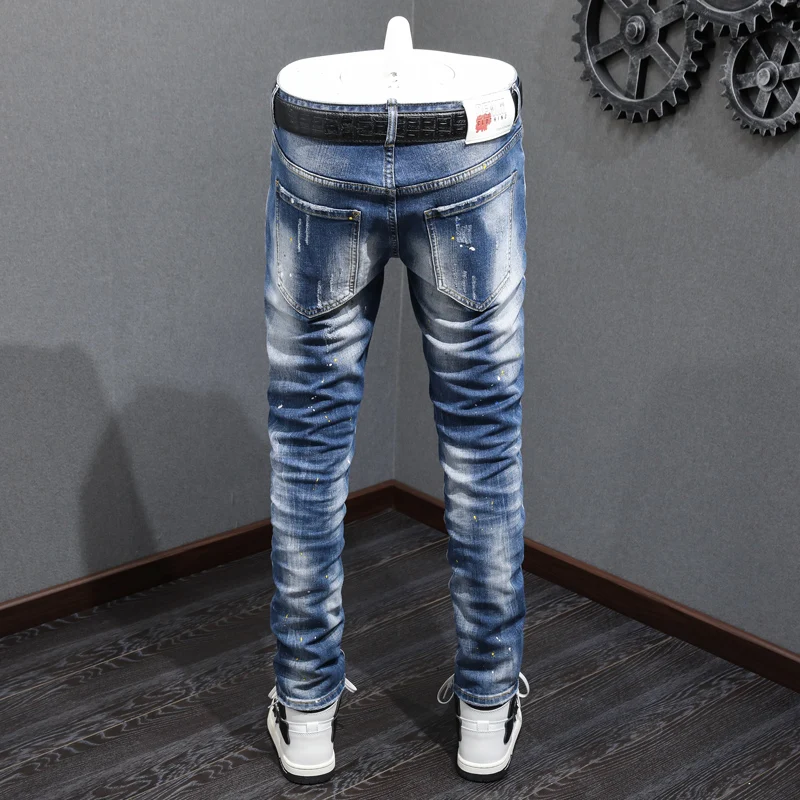 High Street Fashion Split Men's Jeans Vintage Washed Blue Elastic Tight Jeans Men's Panel Designer Vintage Denim Pants