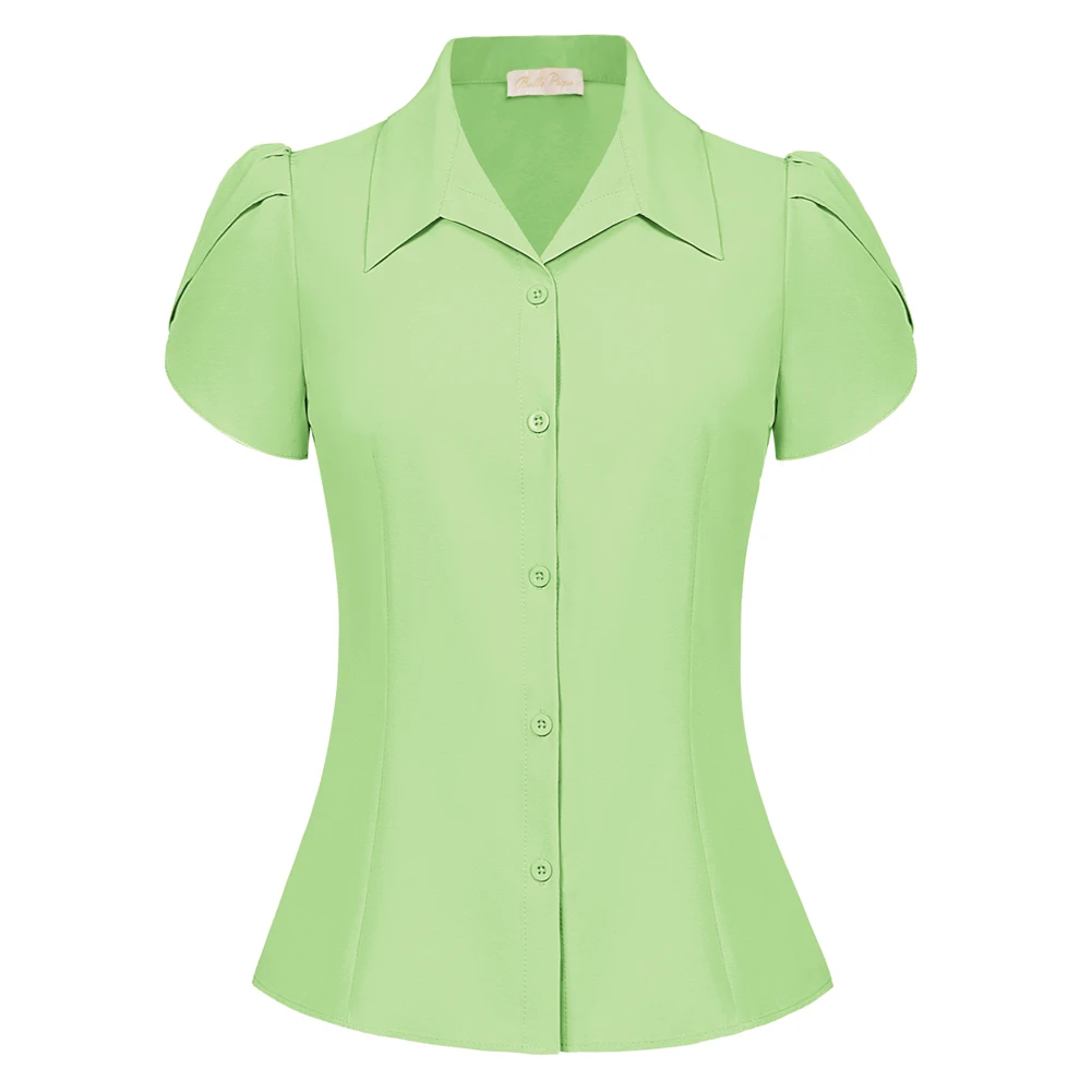 BP Women Shirt Vintage Petal Sleeve Short Sleeve Lapel Collar Button Up Tops Summer Causal Slim Fit Tee Roupas Femininas T-shirt