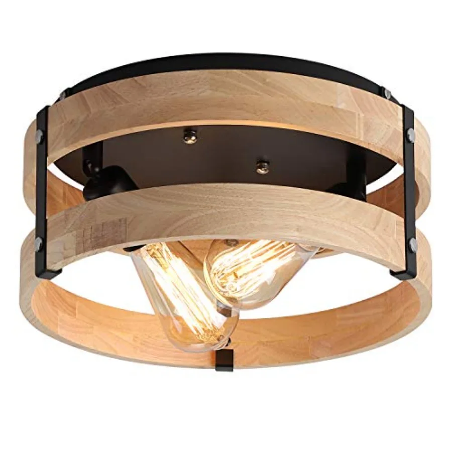 Modern Farmhouse Flush Mount Fixture Two- Metal and Wood Round Drum Rustic Flush Mount Ceiling for Hallway Bedroom Kitchen Entr