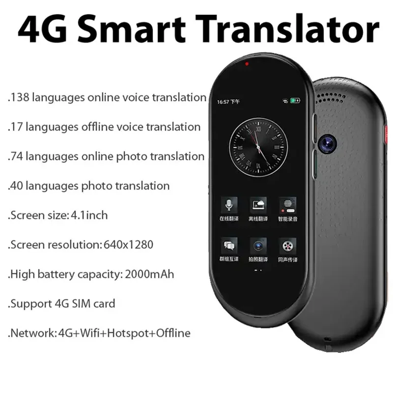 Voice Translator Language Translator 4.1inch Chat GPT 138 National Language Intelligent Real-time Translation Device Support 4G SIM Card