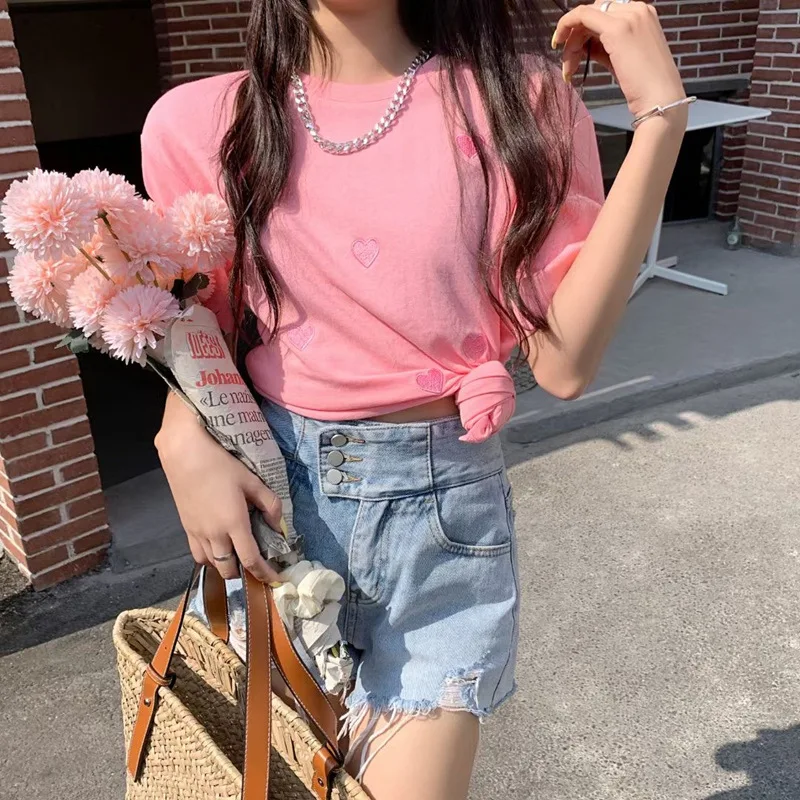 여성용 반팔 O넥 티셔츠, 한국 스타일, 사랑 자수 패션, 여성용 탑 티셔츠, 용수철 여름, 직송