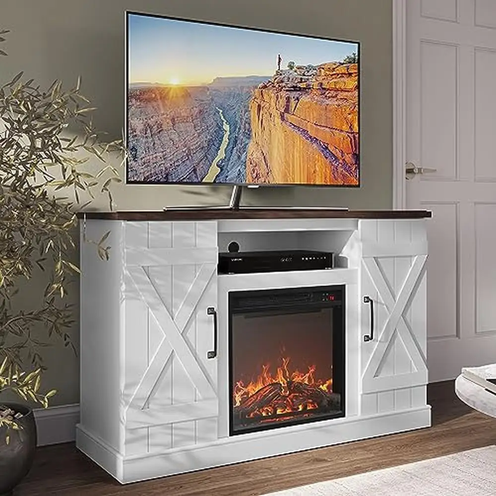 Farmhouse Barn Door TV Stand with Electric Fireplace & Media Console 47 Inch Entertainment Center TV up to 50" Open Storage 5