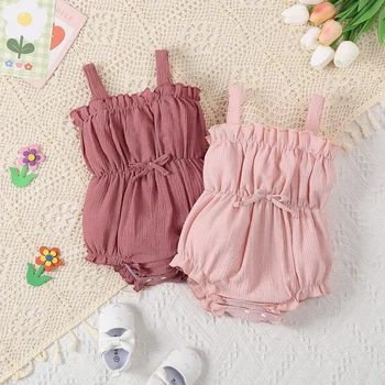 Baby Girl 2-Piece Solid Color Fashionable Combination Set with Triangle Jumpsuit And Suspender Suitable for Outdoor Summer