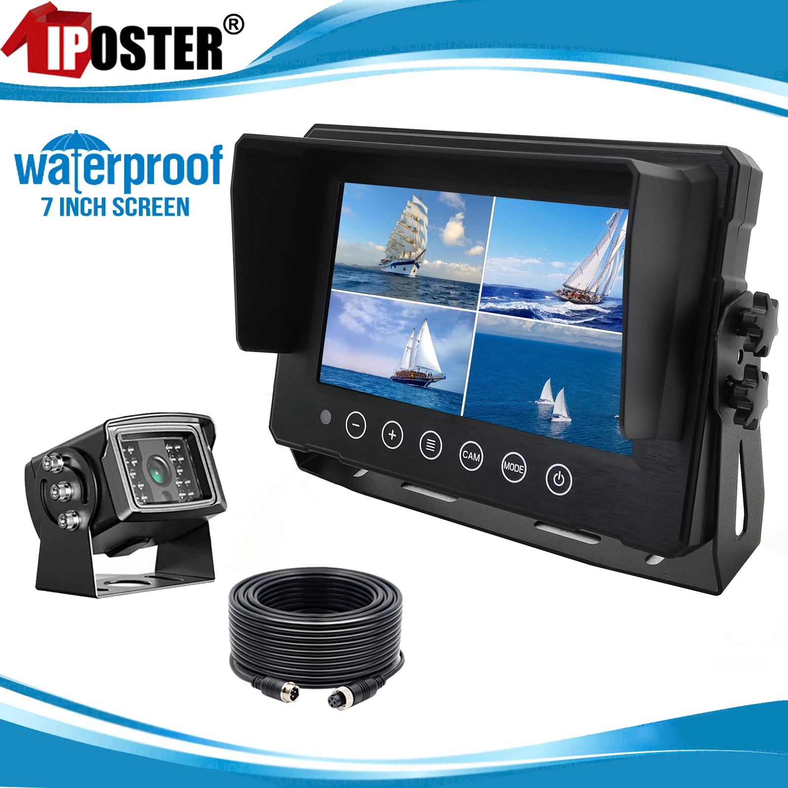

iPoster 7 Inch Waterproof Screen AHD Monitor QUAD 4PIN 1080P Rear View Reversing Camera 12-24 For Boat Caravan Horse Float Rv Va