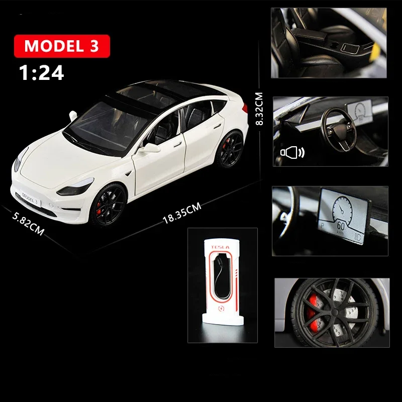 1:24 Tesla Model 3 MODEL X Roadster Tesla Model Y Alloy Toy Car Sound Light Pull Back Children Toy Collectible Birthday gift 4