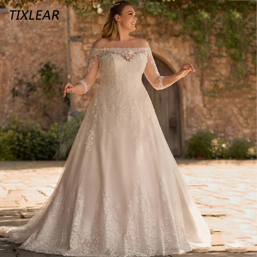 

Tixlear Elegant Plus Size Wedding Dress Boat Neck Appliques 3/4 Sleeves Lace Up Back Floor Length Bridal Gown Vestidos De Noiva