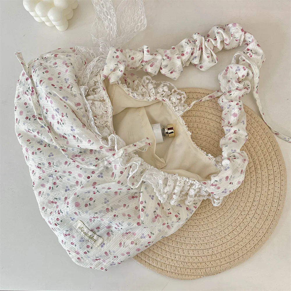 Elegant Sweet Fresh Lace Handbag Bowknot Underarm Bag Floral Pleated Shoulder Bag Pastoral Style Cloth Dumpling Bag Shopping