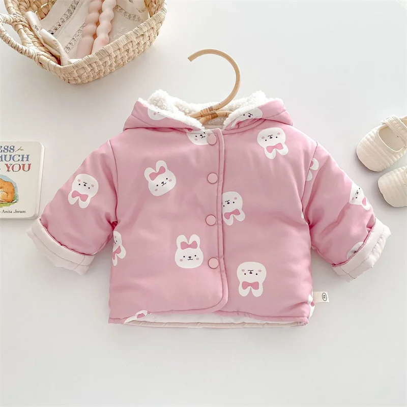 Children's Winter Coat Pink Bow New Hooded and Velvet Warm Thick Cotton Jacket Kids Outerwear Hoody for Girl