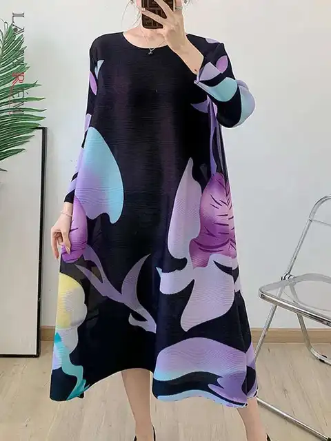LANMREM Printing Dress For Women Round Neck Color Block Loose Chic Pleated Dresses Female Casual Clothing 2025 New 2DB2438